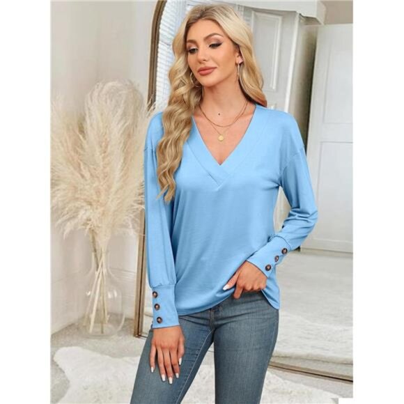 Women's V-Neck Button-Down Long Sleeve Casual T-Shirt Blouse - Picture 5 of 6
